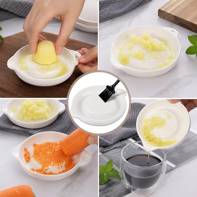Ceramic grater plate used for garlic, ginger and carrot, pouring juice from its spout and cleaned with a brush