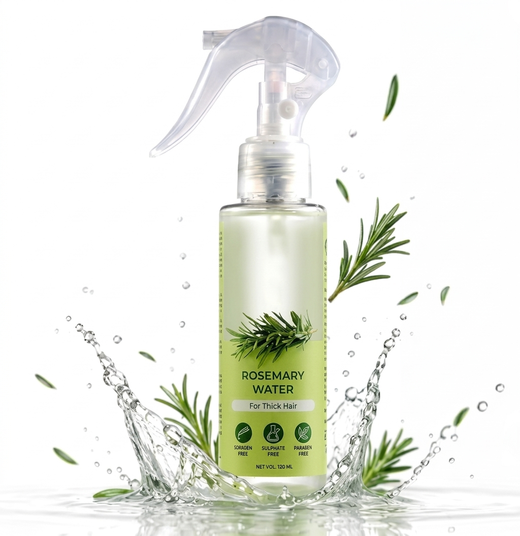 Rosemary Water spray bottle with rosemary sprigs and a water splash
