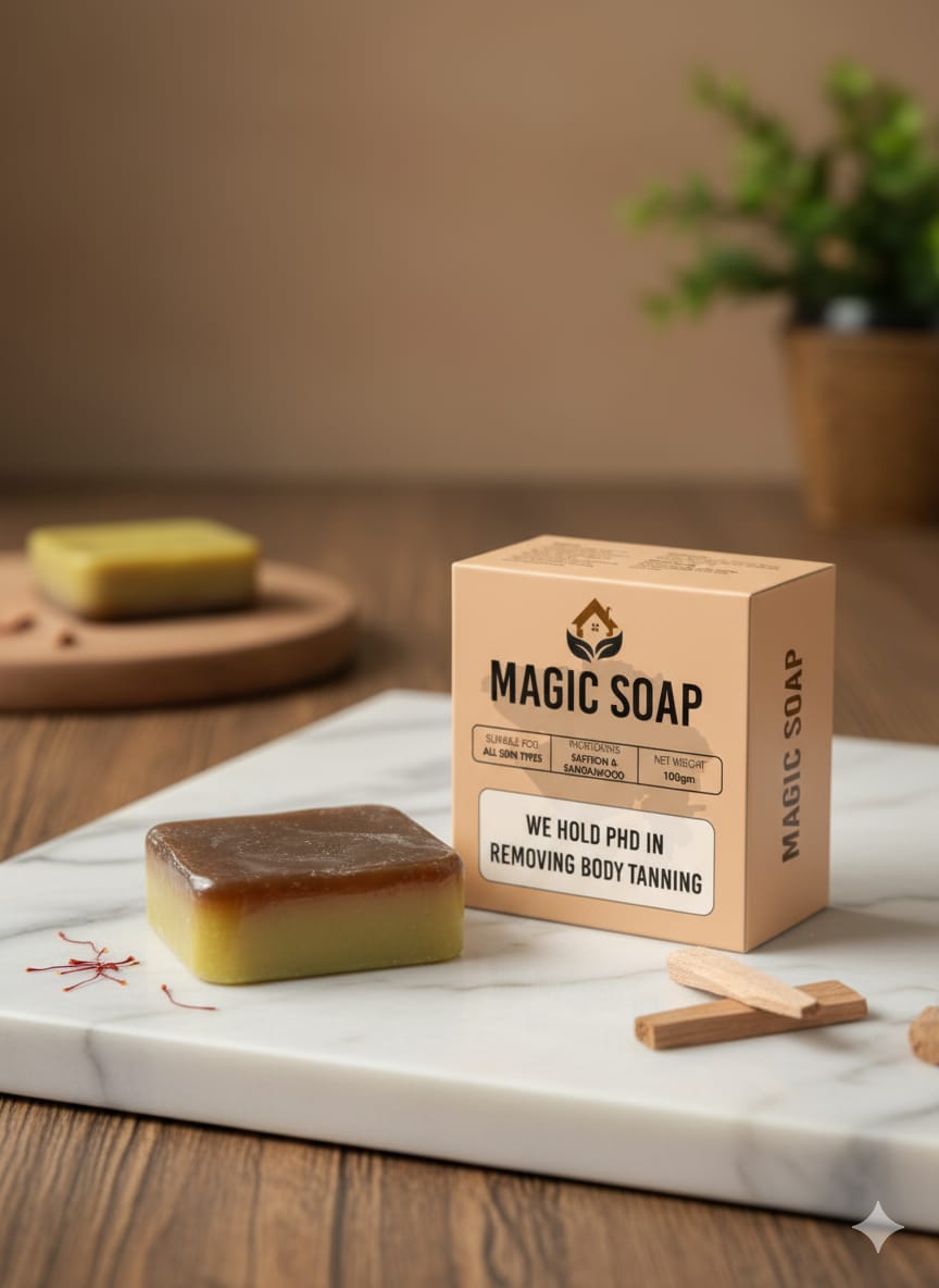 Magic Soap bar and box styled with sandalwood sticks and saffron