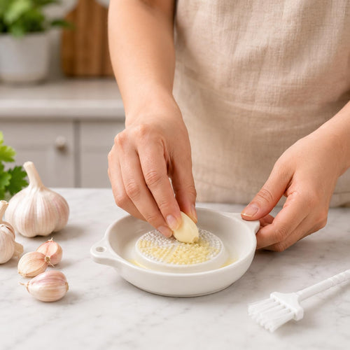 Hands grating a garlic clove on the ceramic grater plate, with the cleaning brush beside it