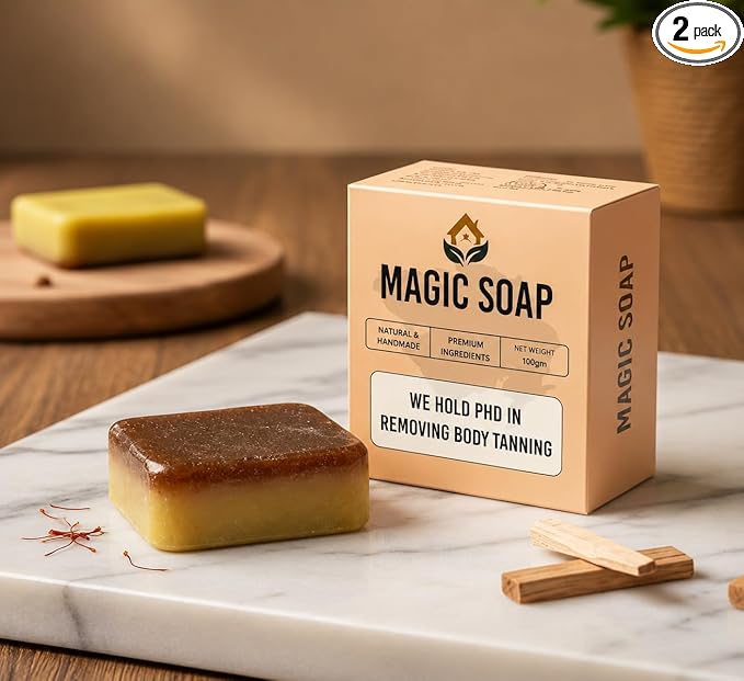 Magic Soap saffron and sandalwood bar on marble with its box, saffron strands and sandalwood sticks