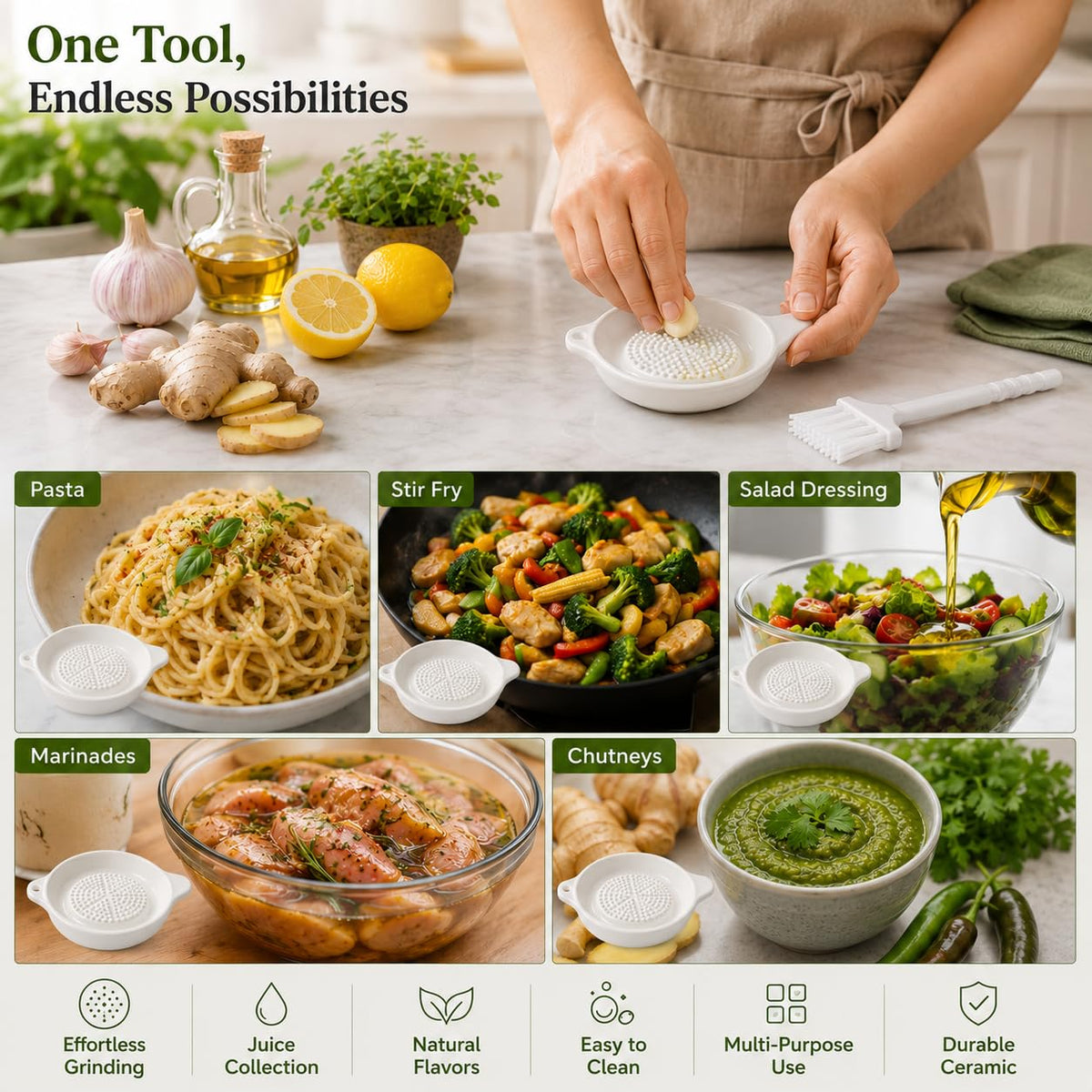 Ceramic grater plate on a kitchen counter, with ideas for pasta, stir-fry, salad dressing, marinades and chutneys