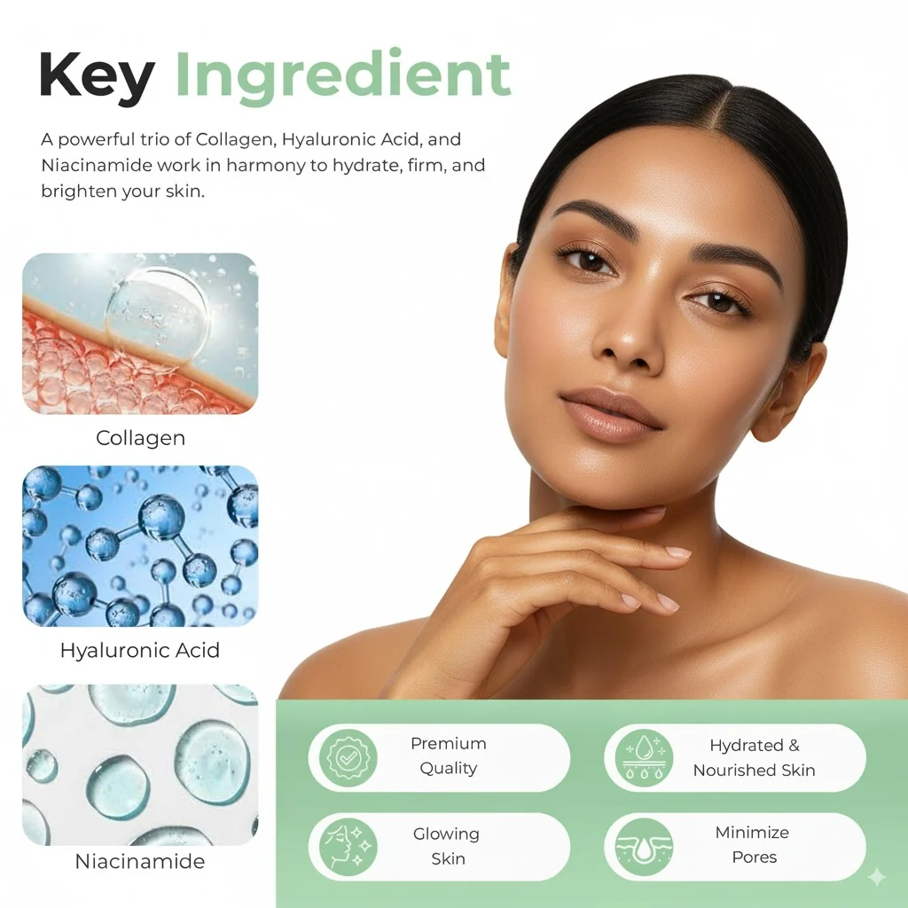 Key ingredients of the Nova Bloom mask: collagen, hyaluronic acid and niacinamide