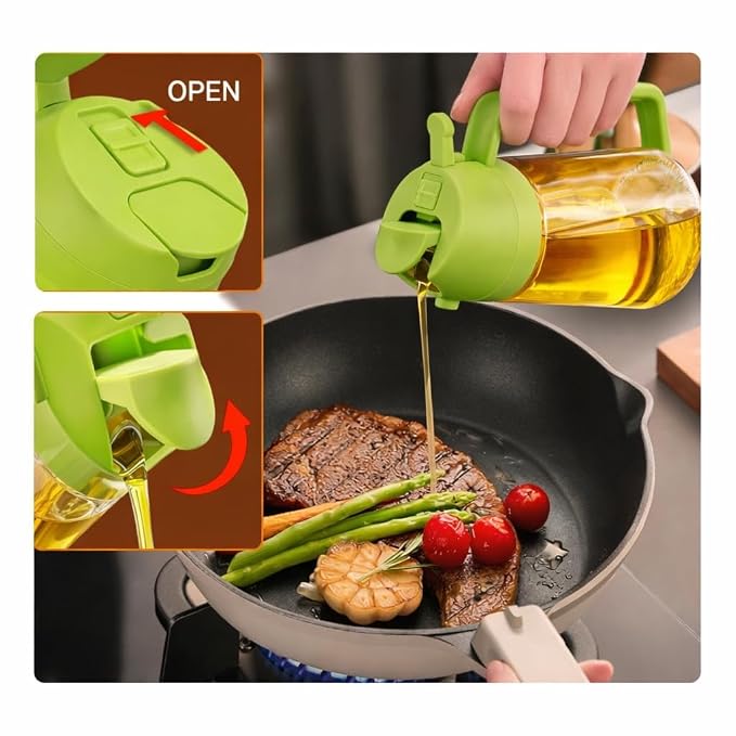 Flip-open lid of the oil sprayer pouring oil into a frying pan with steak and vegetables