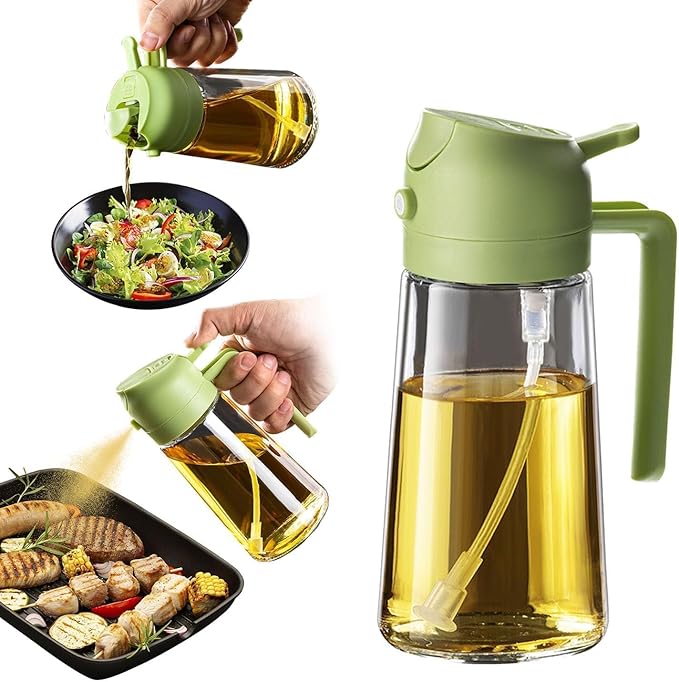 Green 2-in-1 oil sprayer and pourer bottle, shown pouring over salad and spraying grilled vegetables