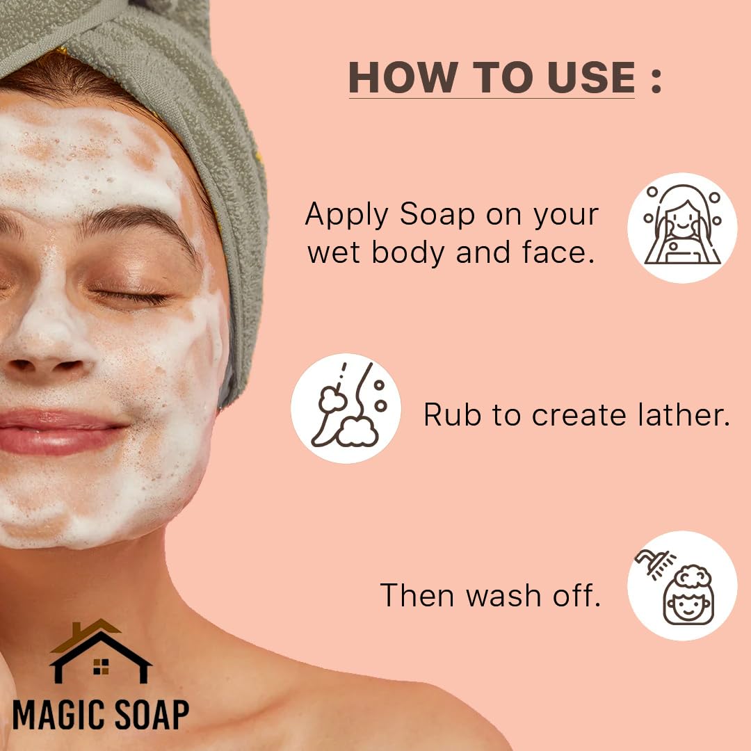 How to use Magic Soap: apply on wet body and face, rub to lather, then wash off