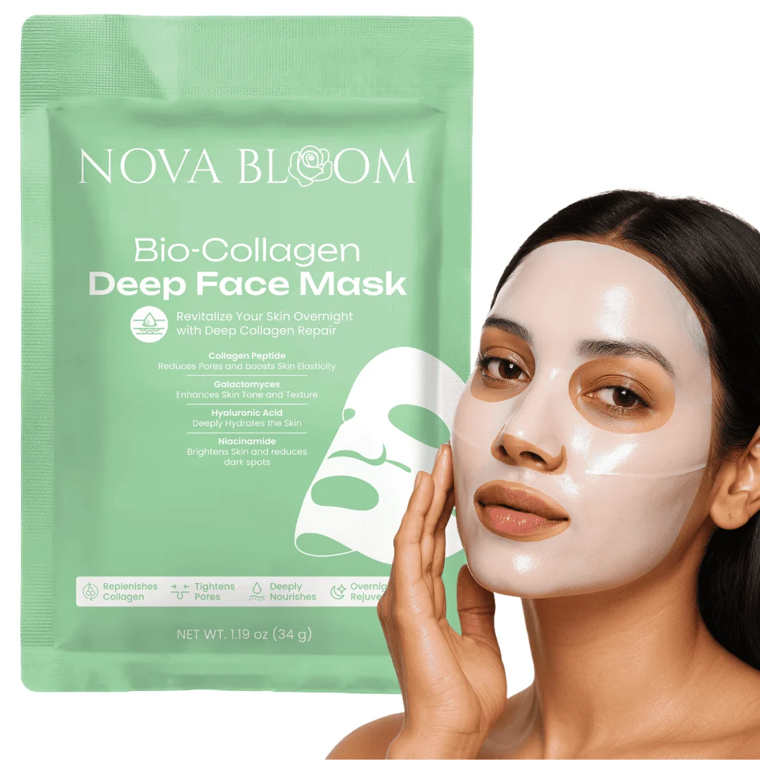 Nova Bloom Bio-Collagen Deep Face Mask pack beside a woman wearing the gel sheet mask