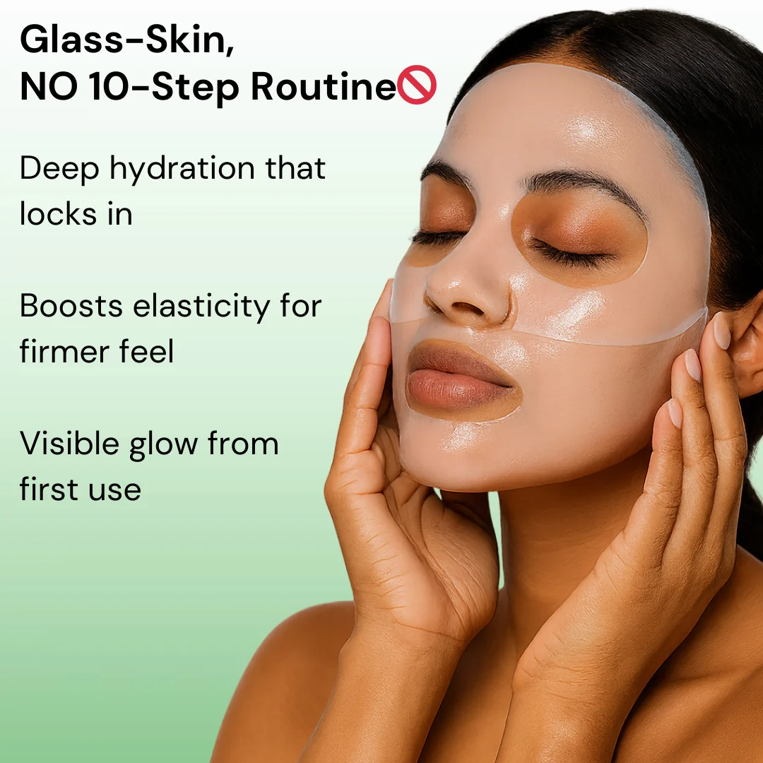 Woman wearing the gel face mask, with benefits: deep hydration, firmer feel and glow