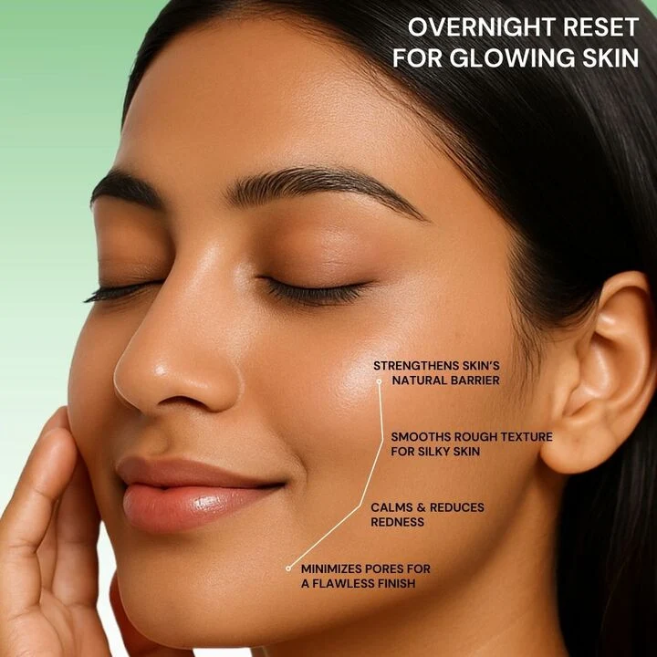 Close-up of glowing skin with labels for skin barrier, texture, redness and pore benefits