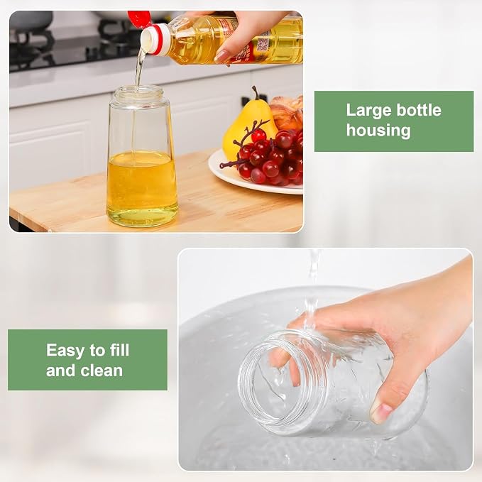 Wide-mouth glass bottle of the oil sprayer being filled with oil and rinsed under water