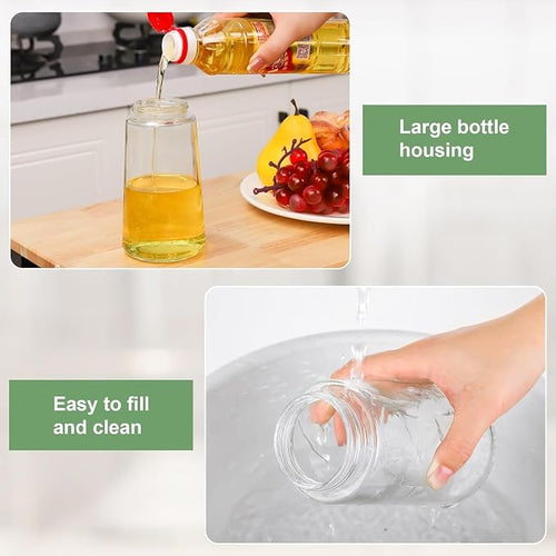Wide-mouth glass bottle of the oil sprayer being filled with oil and rinsed under water
