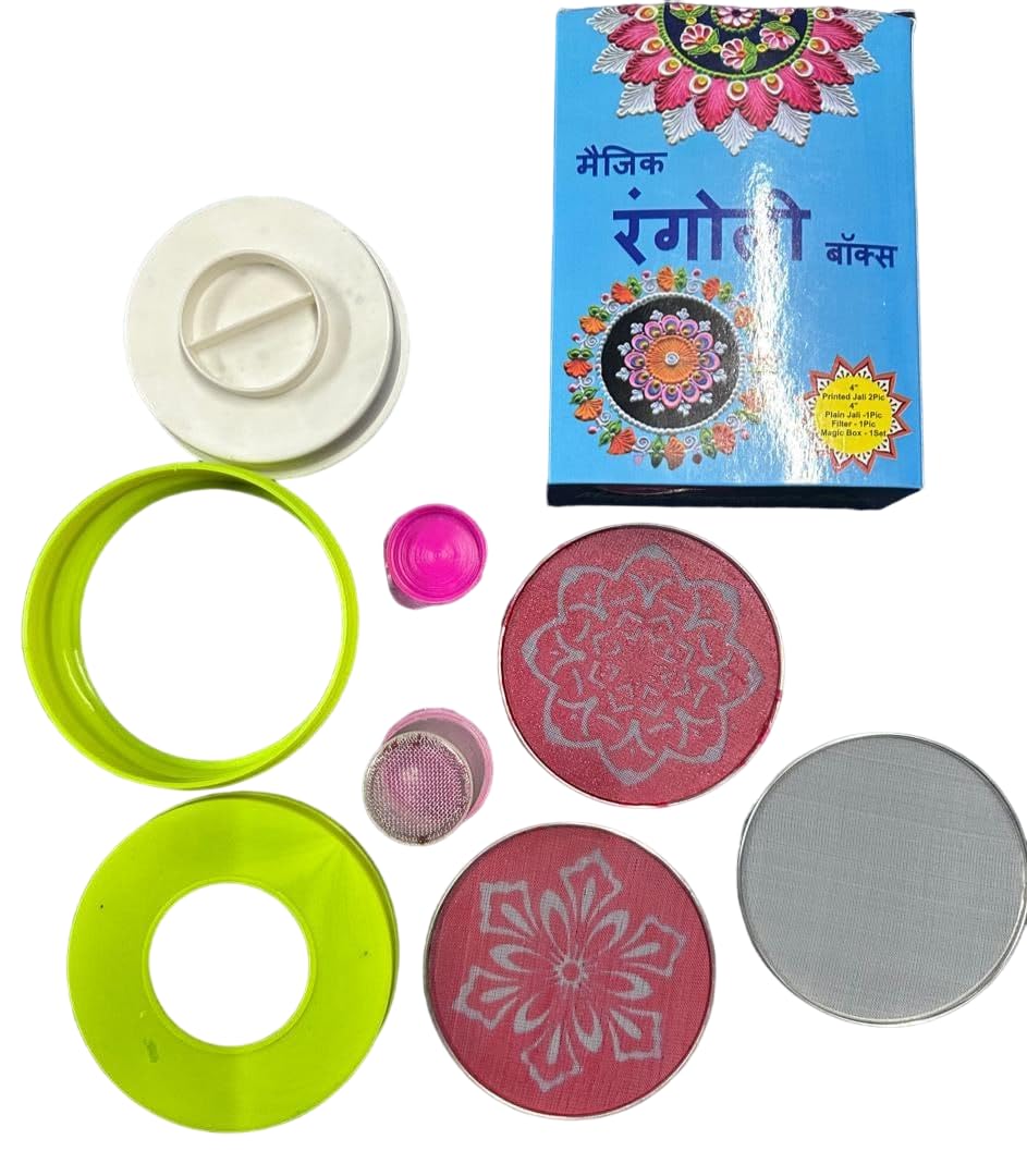Magic Rangoli Box contents: rings, knob, stencil discs, mesh sieve and colour bottles