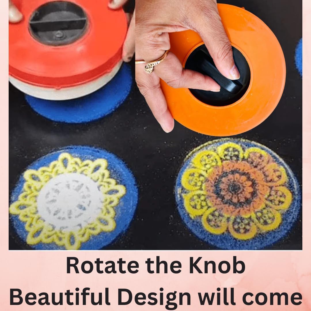 Hand turning the knob of the rangoli maker to print flower rangoli designs on the floor