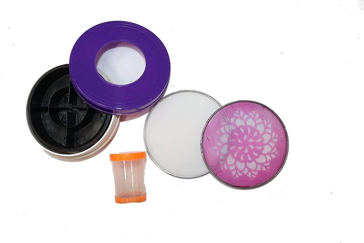Rangoli maker parts: purple ring, black knob base, stencil disc and powder bottle