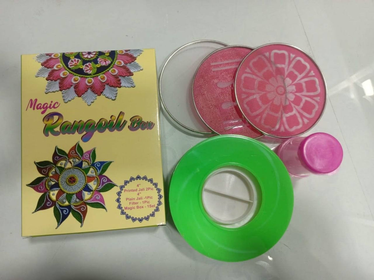 Magic Rangoli Box packaging with a green ring, pink stencil discs and a colour bottle